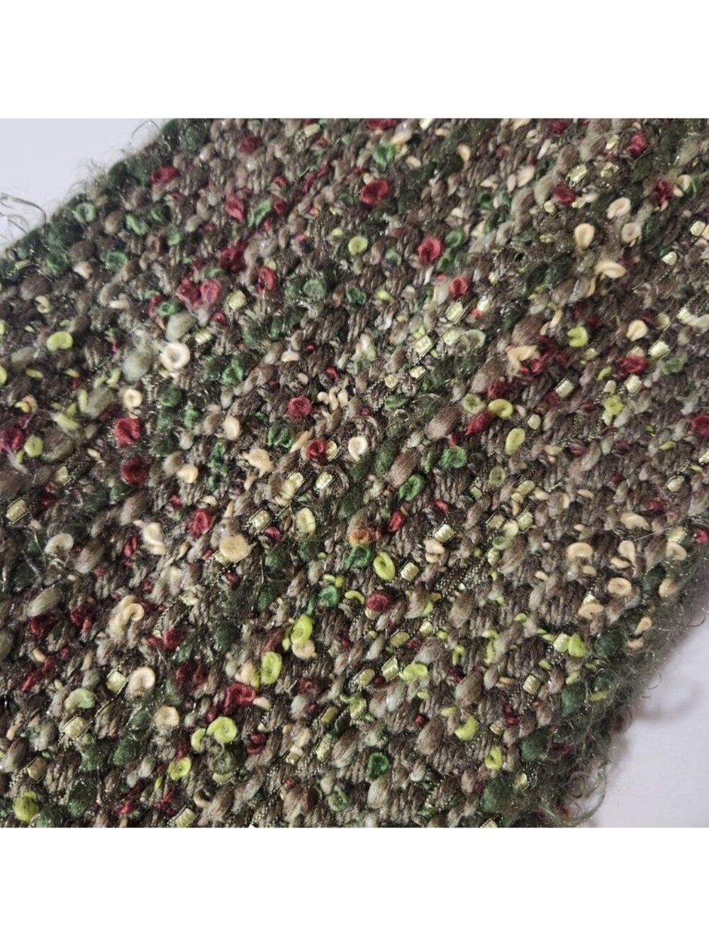 Handmade Chunky Knit Scarf Olive Green Burgundy Gold Metallic Fringe Boho Rustic - Picture 3 of 3